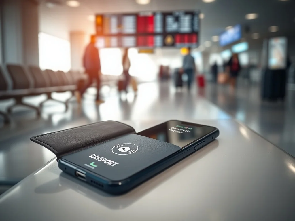 Otwarte etui na paszport i telefon z ekranem alarmowym na lotnisku, podkreślające pilne działanie po zgubieniu dokumentu