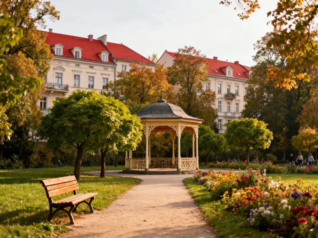 Jesienny park zdrojowy w Nałęczowie z altaną, ławką i zabytkowymi willami w tle, idealny na spokojny weekendowy spacer.