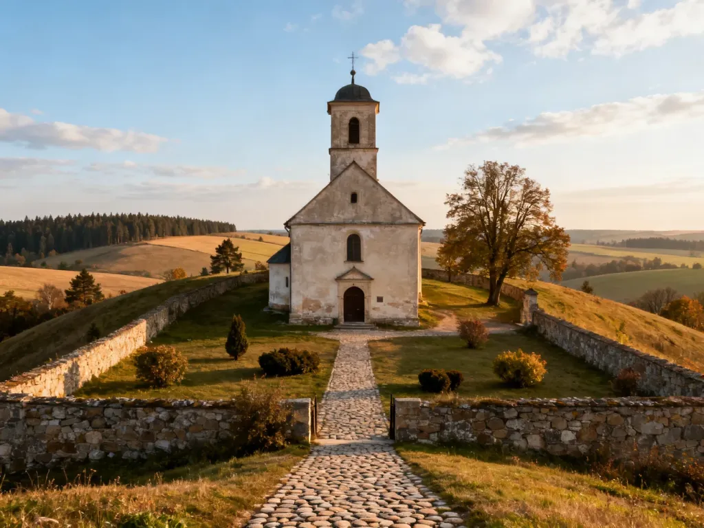 Widok najstarszego klasztoru w Polsce na wzgórzu, z kamiennymi murami, wieżą kościoła i brukowaną ścieżką prowadzącą do wejścia.