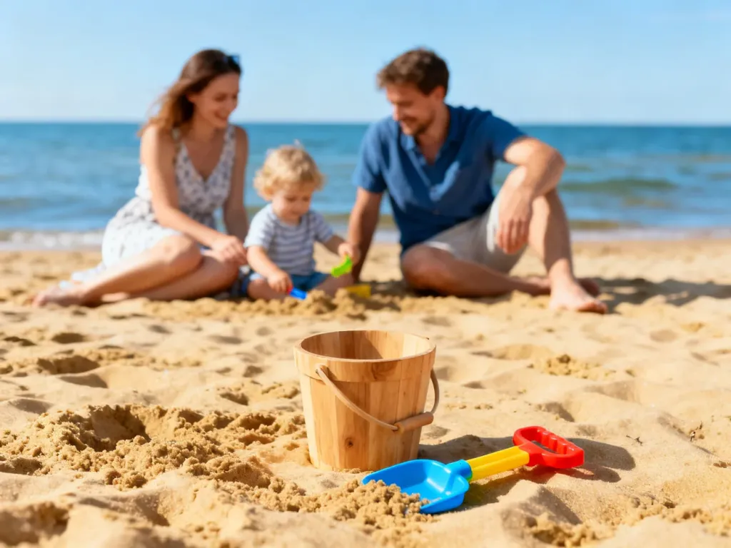 Szczęśliwa rodzina z dzieckiem bawi się na piaszczystej plaży nad Bałtykiem, zachęcając do rodzinnego wypoczynku.