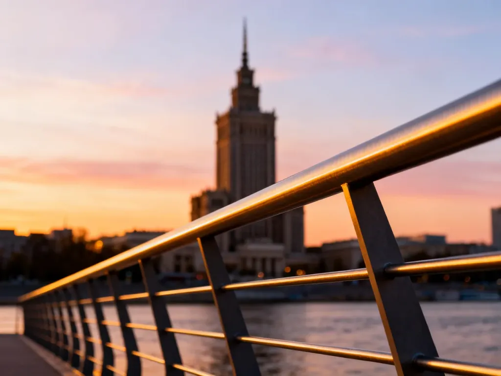 Widok na Pałac Kultury i Nauki oraz Wisłę w Warszawie podczas malowniczego zachodu słońca.