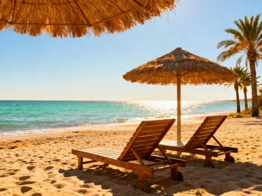 Pusta, słoneczna plaża z leżakami i parasolem nad turkusowym morzem, idealna na ciepły urlop w listopadzie