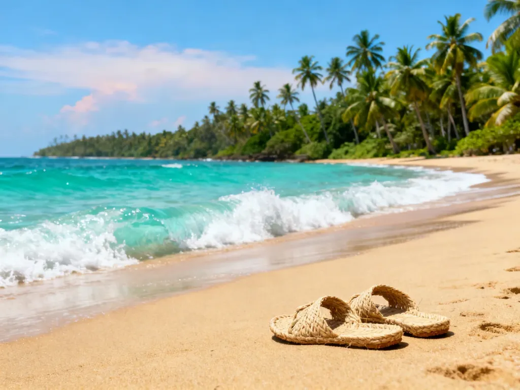 Piaszczysta plaża na Sri Lance z turkusowym oceanem i palmami, zachęcająca do wakacyjnego wypoczynku.