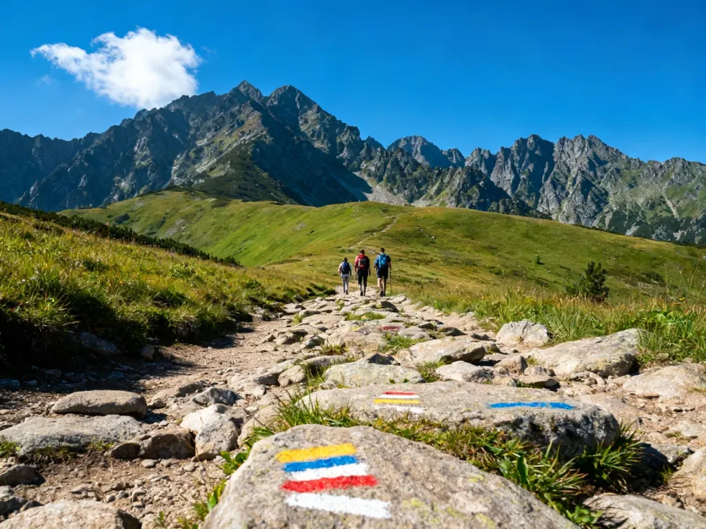 Letni szlak na Przełęcz pod Kopą Kondracką, turyści na kamienistej ścieżce wśród zielonych stoków i tatrzańskich szczytów.