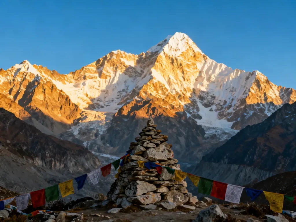 Ośnieżony szczyt Mount Everest w otoczeniu Himalajów z tradycyjnymi flagami modlitewnymi na pierwszym planie.