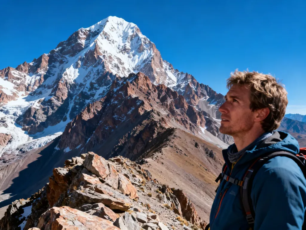 Alpinista na skalistej grani z widokiem na ośnieżony szczyt Aconcagua pod bezchmurnym, błękitnym niebem.