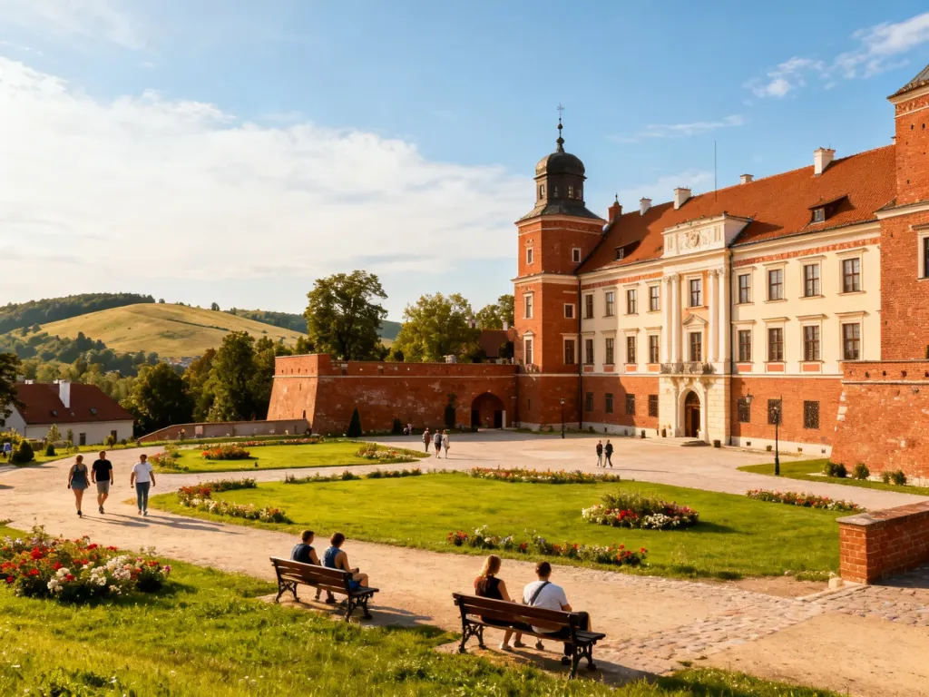 Dziedziniec odrestaurowanego Zamku Janów Podlaski w słoneczny dzień, turyści spacerują pośród zieleni i kwiatów.