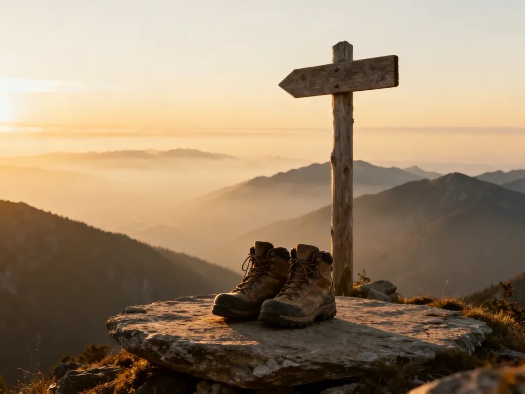 Drewniany drogowskaz i buty trekkingowe na szczycie góry o wschodzie słońca, symbolizujące zdobywanie Korony Gór Polski.
