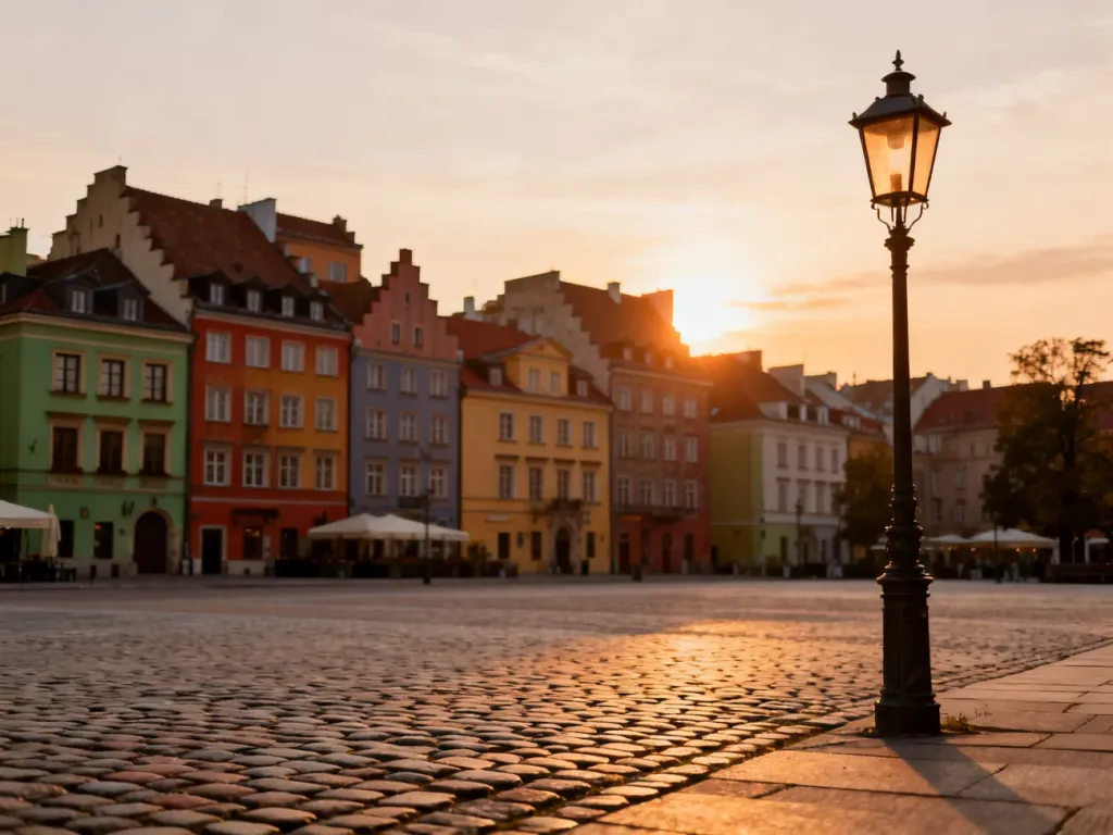 Kolorowy rynek starego miasta w Polsce o zachodzie słońca z zabytkowymi kamienicami i brukowaną uliczką.