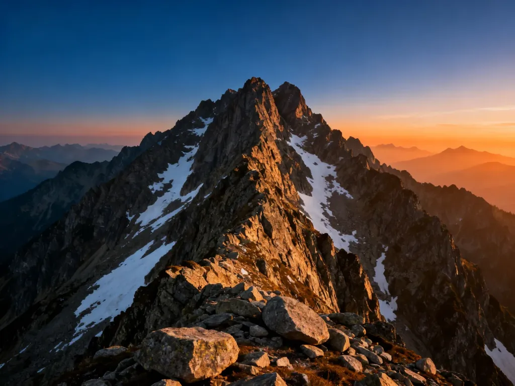 Panoramiczny widok na ośnieżony, skalisty szczyt Tatr Wysokich w świetle wschodzącego słońca.
