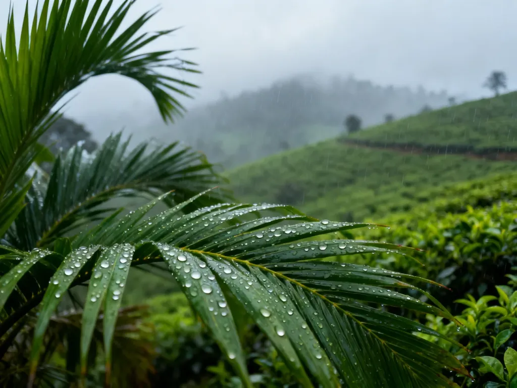 Tropikalny krajobraz Sri Lanki w czasie deszczu z soczyście zielonymi liśćmi palm i zamglonymi wzgórzami plantacji herbaty.