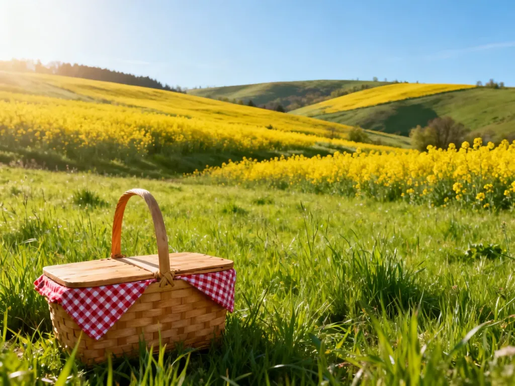 Piknikowy kosz na tle malowniczych, wiosennych pól rzepaku i zielonych wzgórz polskiej wsi.