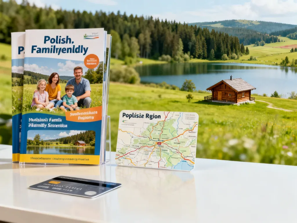 Biurko biura podróży z mapą Podlasia i kartą płatniczą, w tle zielona wieś z pensjonatem – symbol wykorzystania bonu turystycznego.