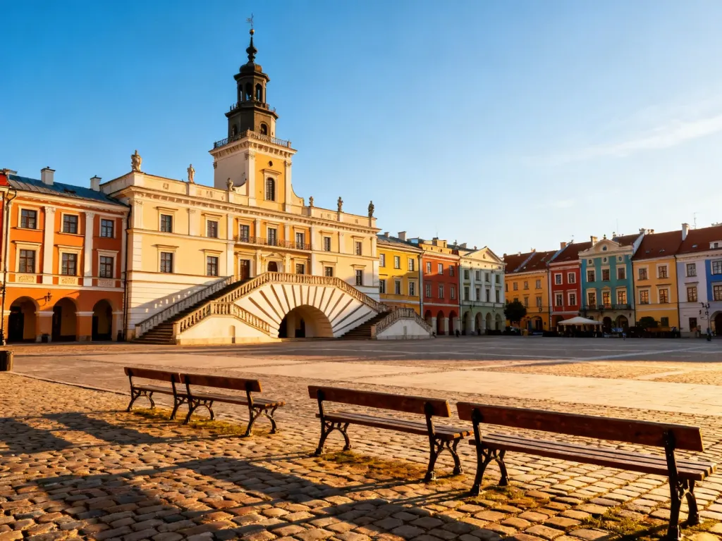 Ratusz w Zamościu z charakterystycznymi wachlarzowymi schodami na tle słonecznego, zabytkowego rynku.