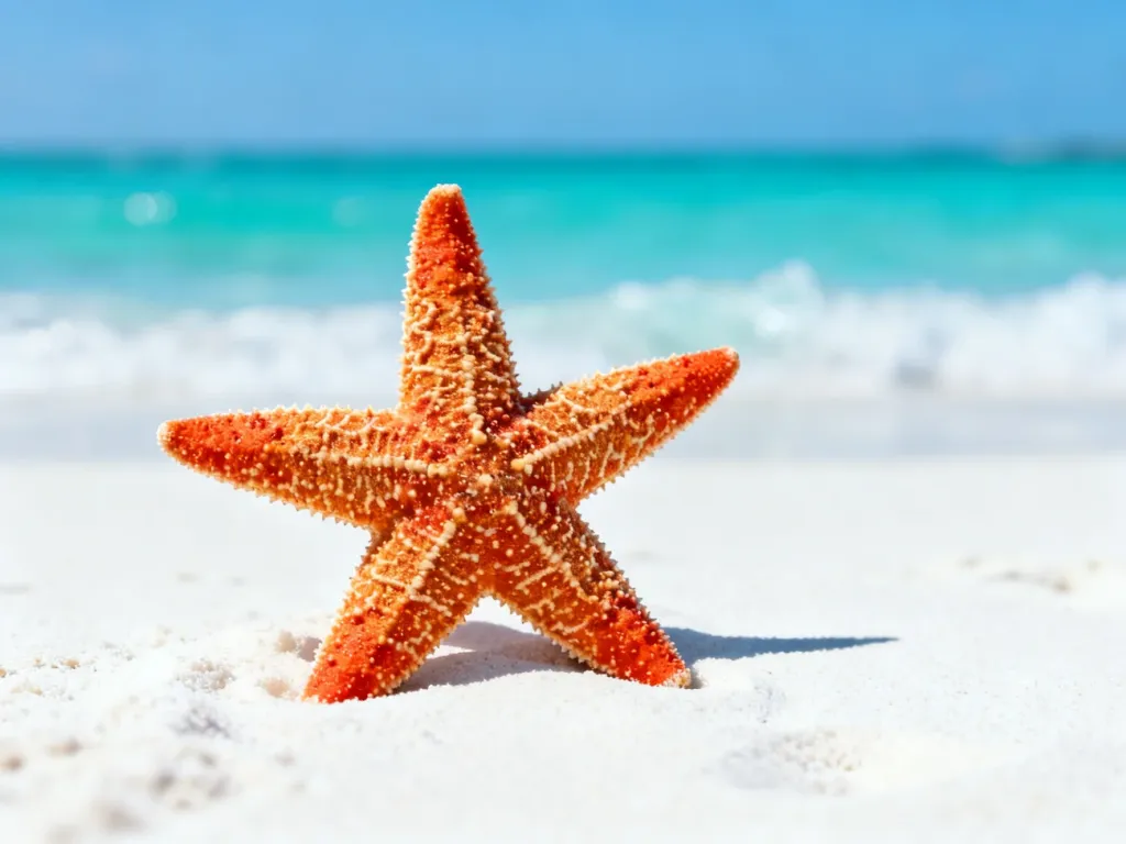 Jaskrawoczerwona rozgwiazda na białym piasku na tle turkusowego oceanu na Zanzibarze.