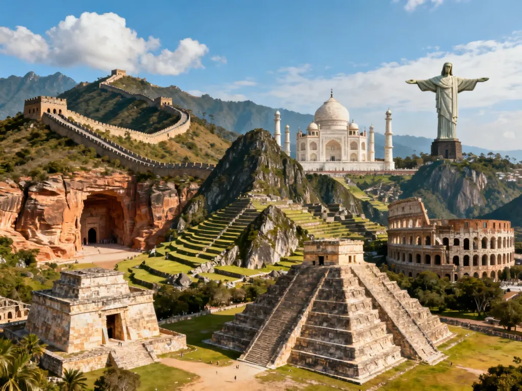 Kolorowa kolażowa panorama siedmiu cudów świata UNESCO: od Chińskiego Muru po Chichén Itzá na tle nieba i chmur