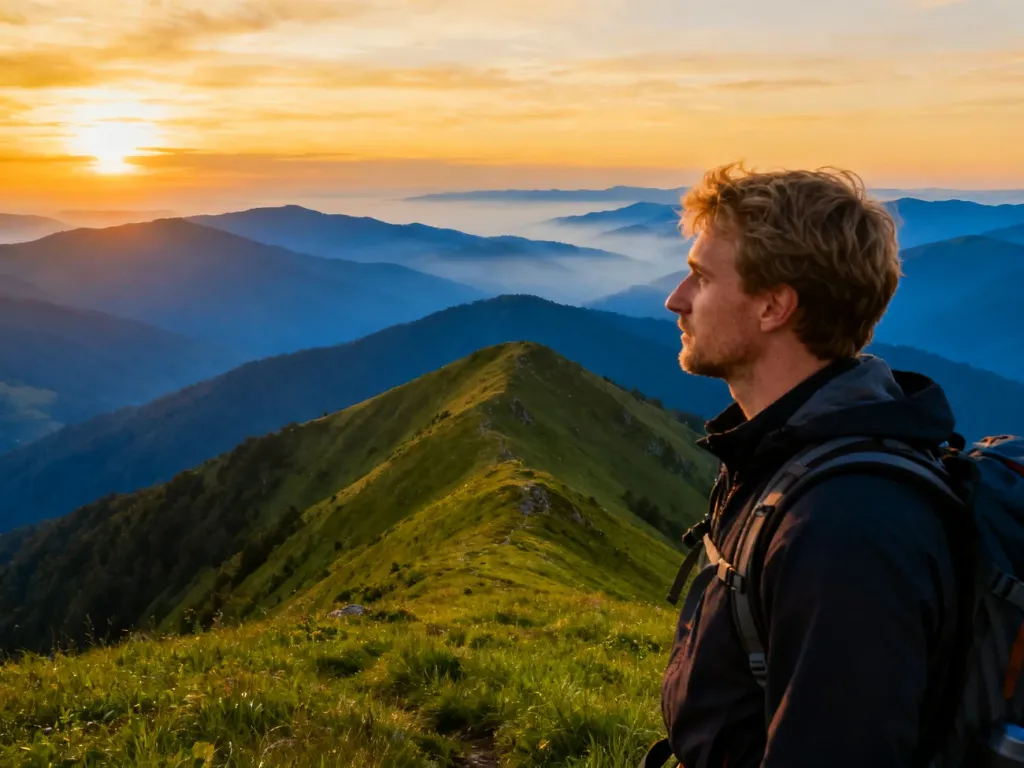 Turysta podziwiający panoramę bieszczadzkich połonin o wschodzie słońca. Widok na zamglone pasma górskie w złotej poświacie.
