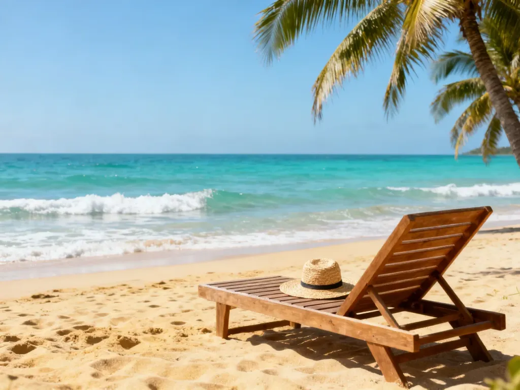 Zimowy odpoczynek na słonecznej, pustej plaży z leżakiem i turkusowym morzem w tle. Idealny kierunek na ciepłe ferie.