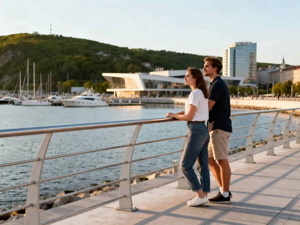 Para dorosłych spaceruje po nadmorskiej promenadzie w Gdyni, podziwiając marinę z jachtami i nowoczesną zabudowę.