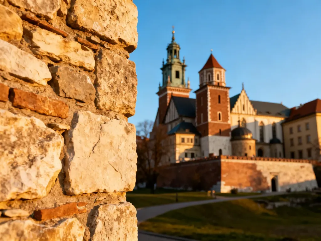 Zamek Królewski na Wawelu w Krakowie oświetlony ciepłym światłem zachodzącego słońca.
