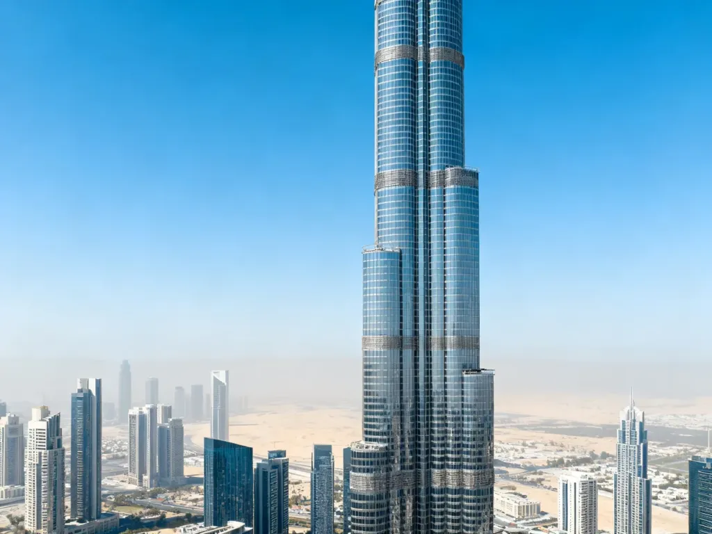 Panorama Dubaju z dominującym najwyższym wieżowcem na tle innych drapaczy chmur i jasnego, błękitnego nieba