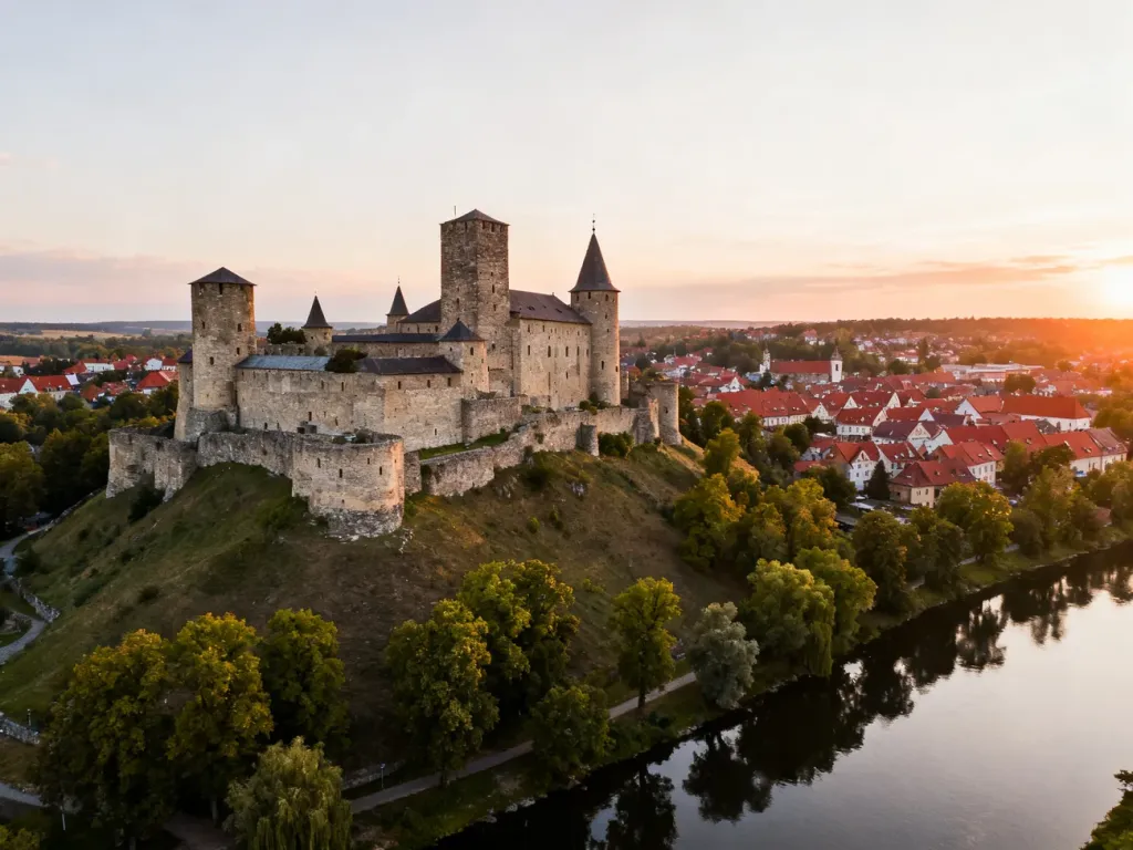 Rozległy średniowieczny zamek na wzgórzu nad rzeką, otoczony zielenią, z widokiem na miasteczko o czerwonych dachach o zachodzie słońca.
