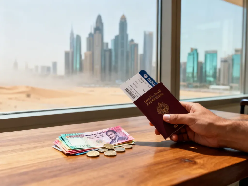 Paszport, karta pokładowa i dirhamy ZEA na stole, sugerujące planowanie kosztów wycieczki do Dubaju.
