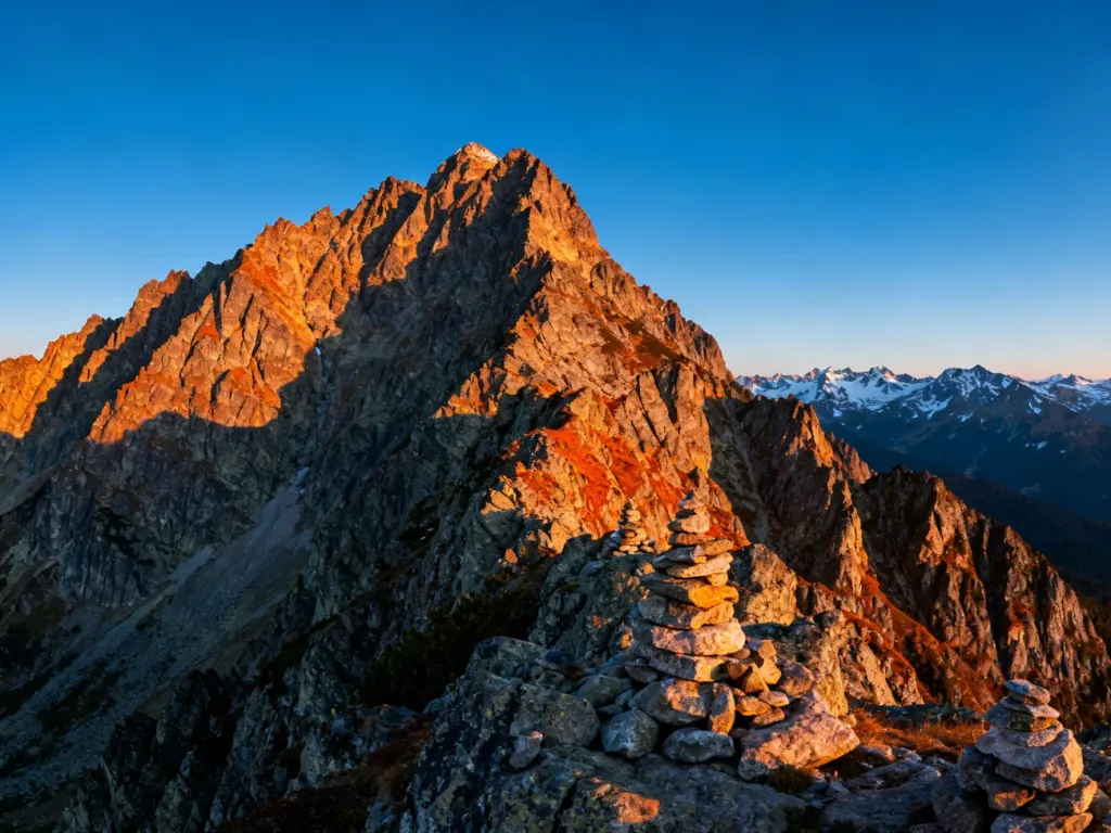 Majestatyczny, granitowy szczyt Tatr Wysokich o wysokości 2494 m n.p.m. oświetlony ciepłym światłem złotej godziny.