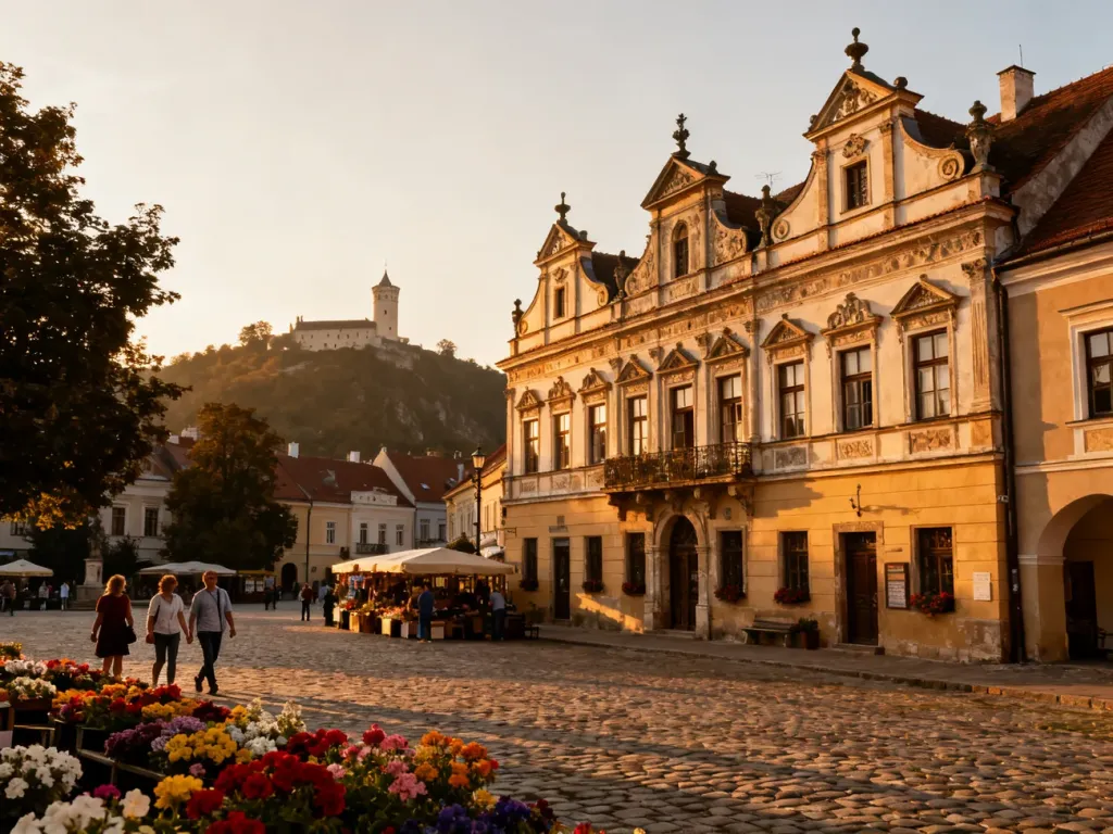 Zabytkowy rynek w Kazimierzu Dolnym z renesansowymi kamienicami, brukowanym placem i widokiem na wzgórze zamkowe.