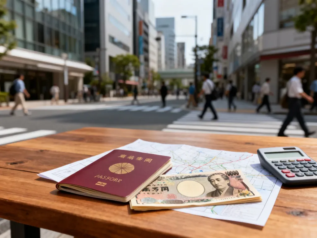 Paszport, jeny, mapa i kalkulator na stole, w tle ulica Tokio – symbol planowania kosztów wycieczki do Japonii.