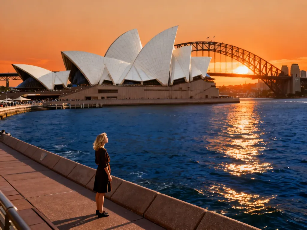 Turystka podziwiająca Operę w Sydney podczas zachodu słońca z widokiem na most Harbour Bridge.