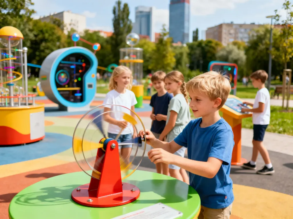 Dzieci bawiące się przy interaktywnych instalacjach na kolorowym placu zabaw w Warszawie.