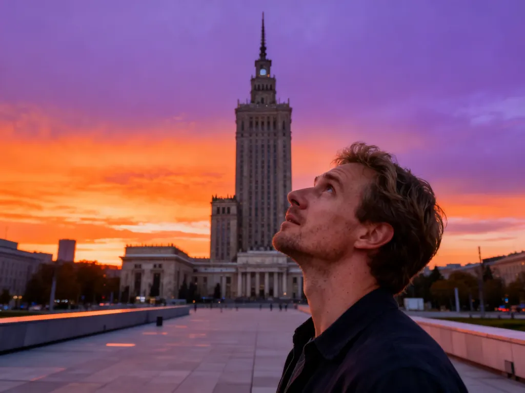 Mężczyzna podziwiający Pałac Kultury i Nauki w Warszawie na tle zachodzącego słońca.