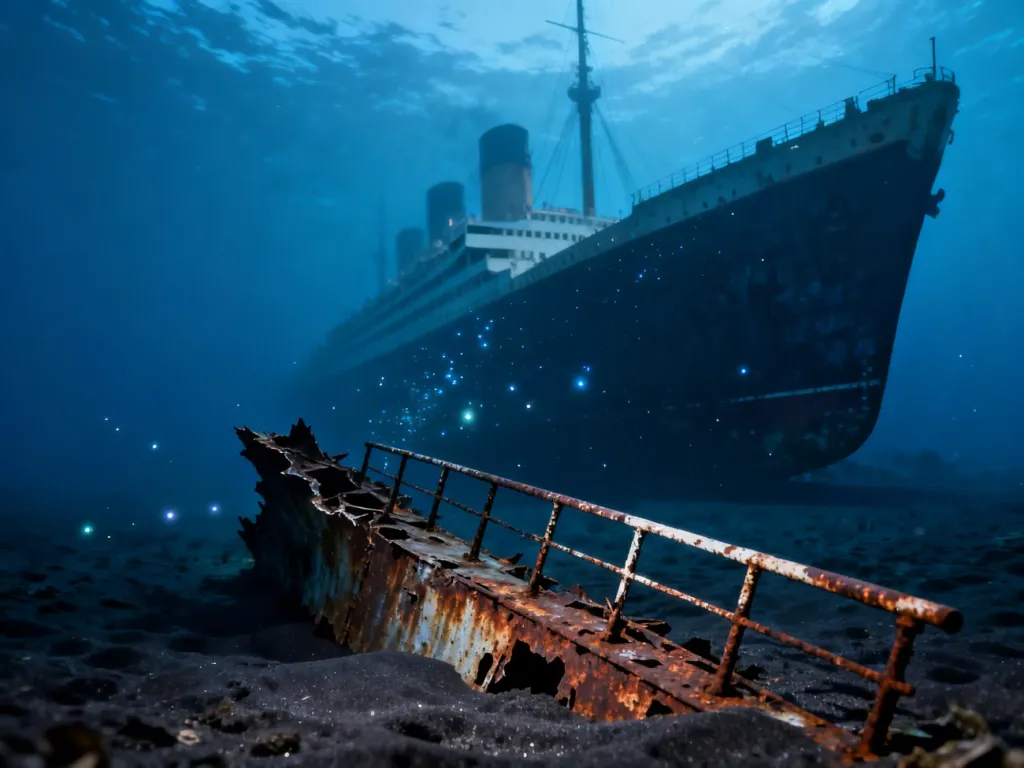 Zardzewiały wrak Titanica spoczywający na dnie oceanu w otoczeniu ciemnych wód głębinowych.