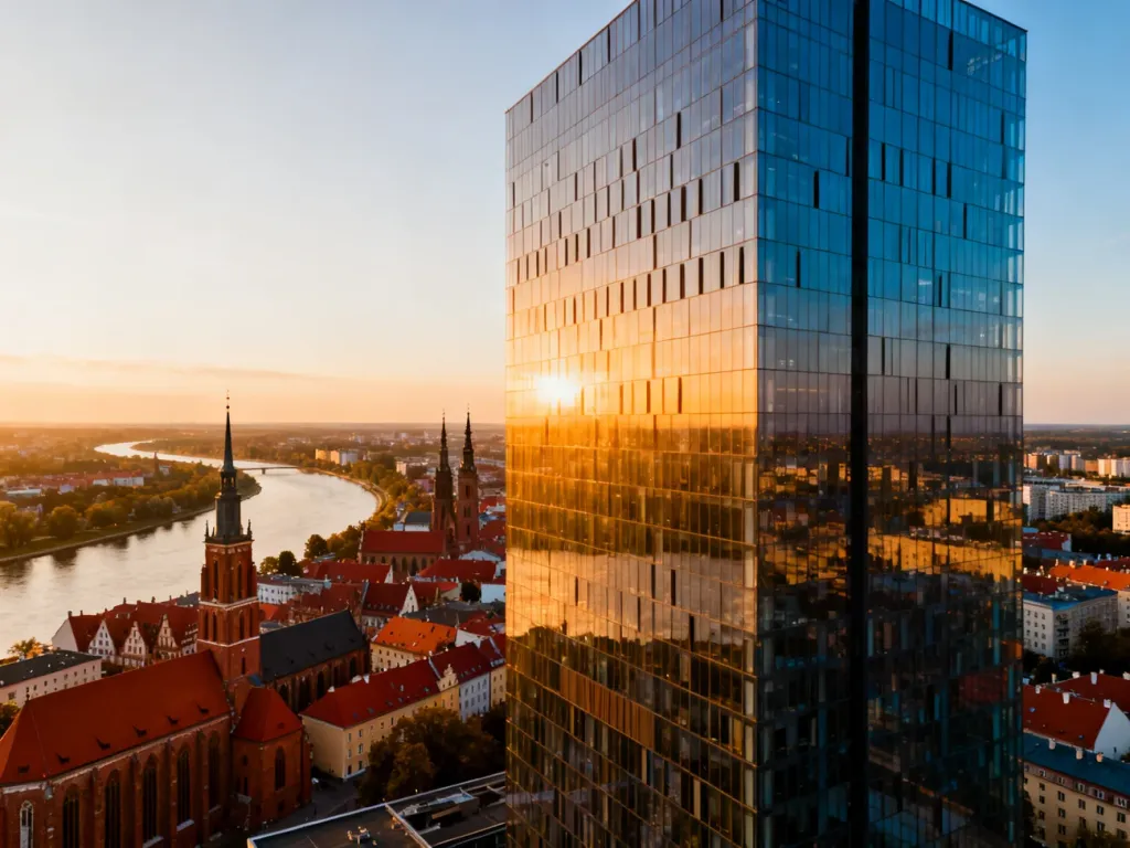 Nowoczesny wieżowiec górujący nad historyczną zabudową Wrocławia i rzeką Odrą w blasku zachodzącego słońca.