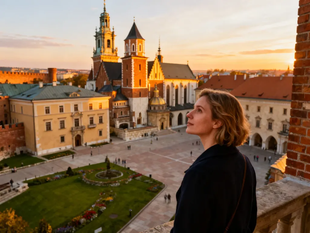 Turystka podziwiająca renesansowy dziedziniec Zamku Królewskiego na Wawelu w ciepłym świetle zachodzącego słońca.
