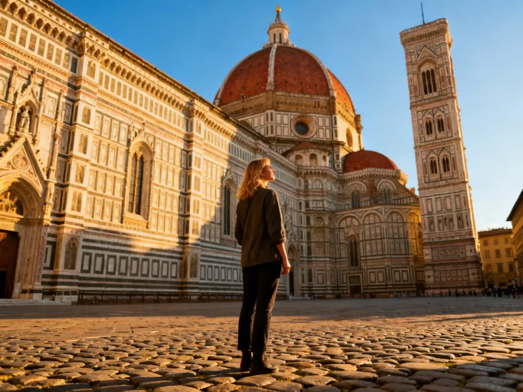 Turystka podziwiająca monumentalną katedrę Santa Maria del Fiore we Florencji w świetle zachodzącego słońca.