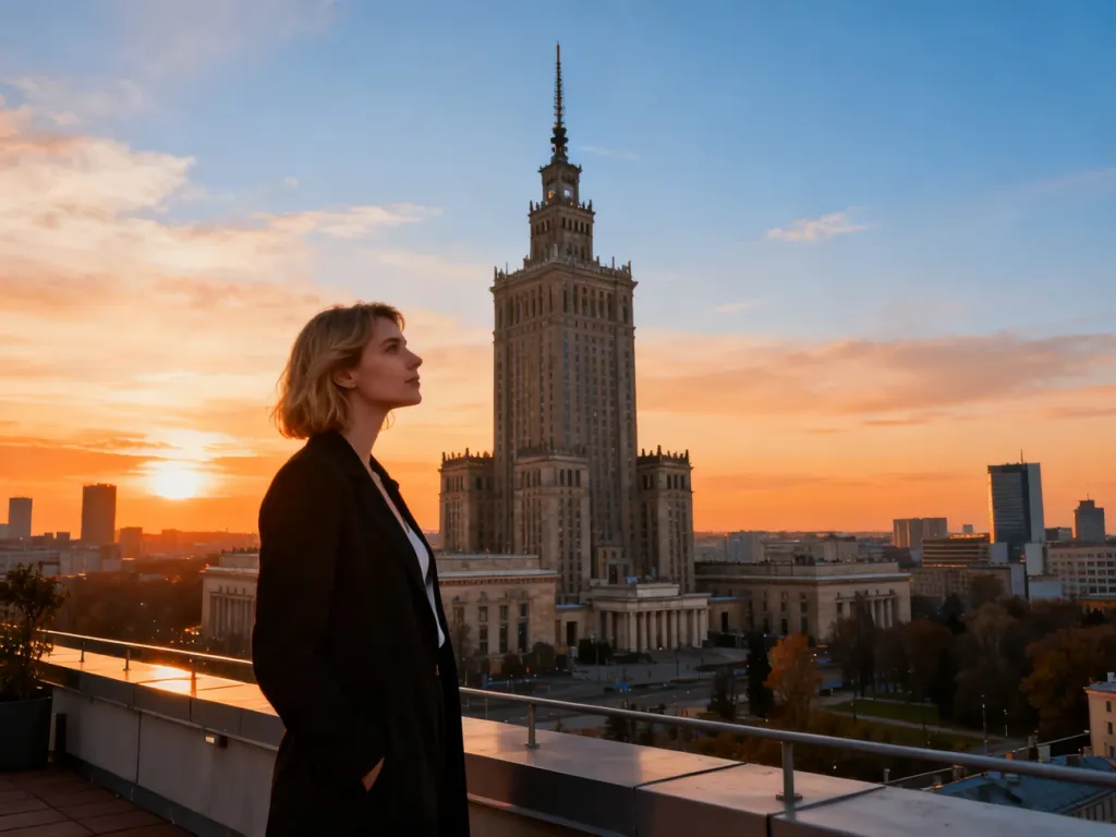 Kobieta podziwiająca panoramę Warszawy z tarasu widokowego Pałacu Kultury i Nauki podczas zachodu słońca.
