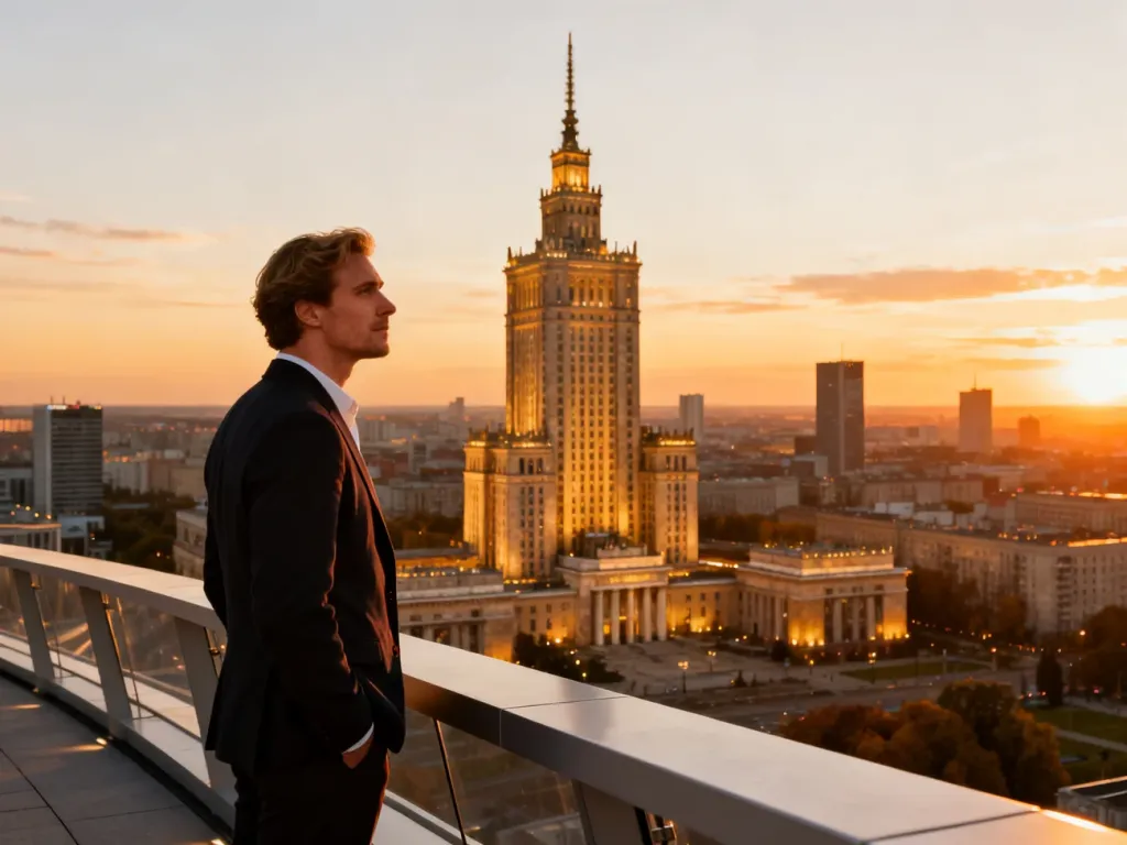 Mężczyzna na tarasie widokowym podziwiający panoramę Warszawy z Pałacem Kultury i Nauki w tle podczas złotej godziny.
