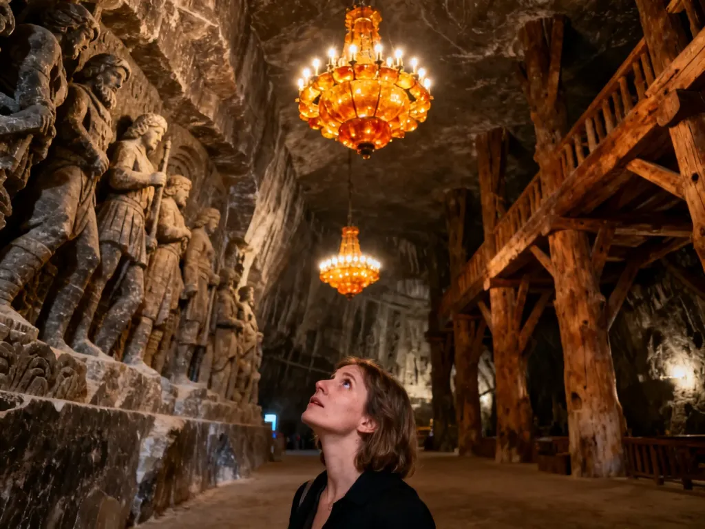 Turystka podziwiająca majestatyczną Kaplicę św. Kingi w Kopalni Soli w Wieliczce z ozdobnymi żyrandolami.