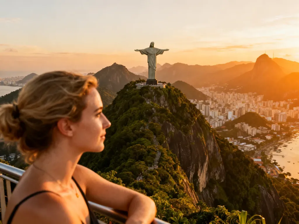 Turystka podziwiająca panoramę Rio de Janeiro z punktu widokowego przy statui Chrystusa Odkupiela na górze Corcovado.