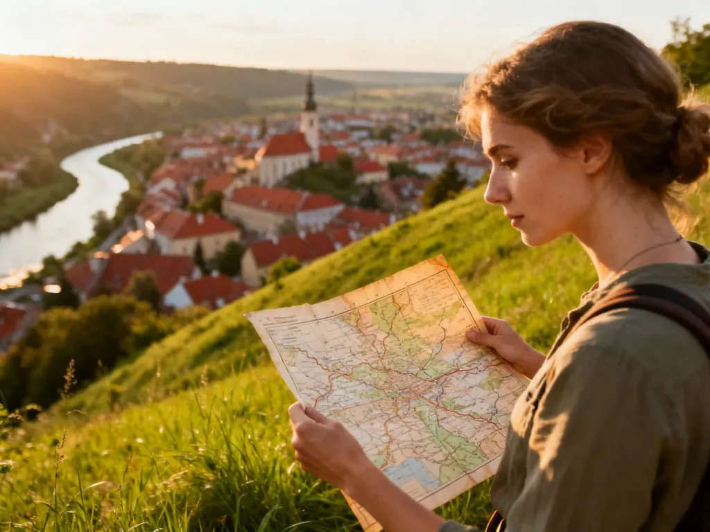 Kobieta z mapą na zielonym wzgórzu z widokiem na malownicze stare miasto i rzekę w promieniach zachodzącego słońca.
