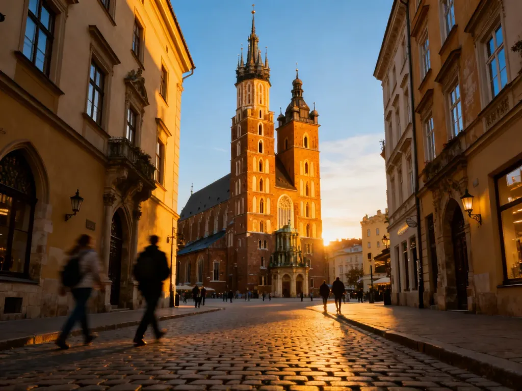 Kościół Mariacki w Krakowie o zachodzie słońca z widocznymi charakterystycznymi wieżami i brukowaną uliczką na pierwszym planie.