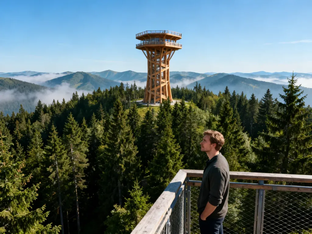 Turysta podziwia panoramę górskich szczytów z tarasu widokowego nowoczesnej wieży wznoszącej się nad lasem.