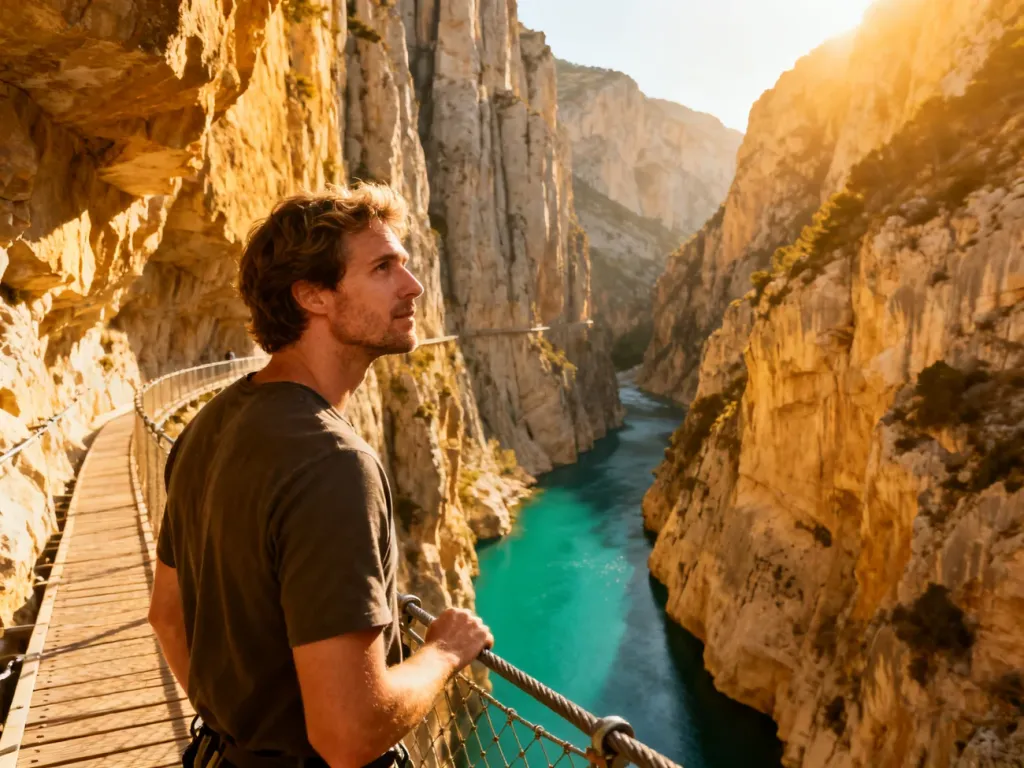 Turysta podziwiający widok na głęboki wąwóz i turkusową rzekę z trasy Caminito del Rey w świetle zachodzącego słońca.