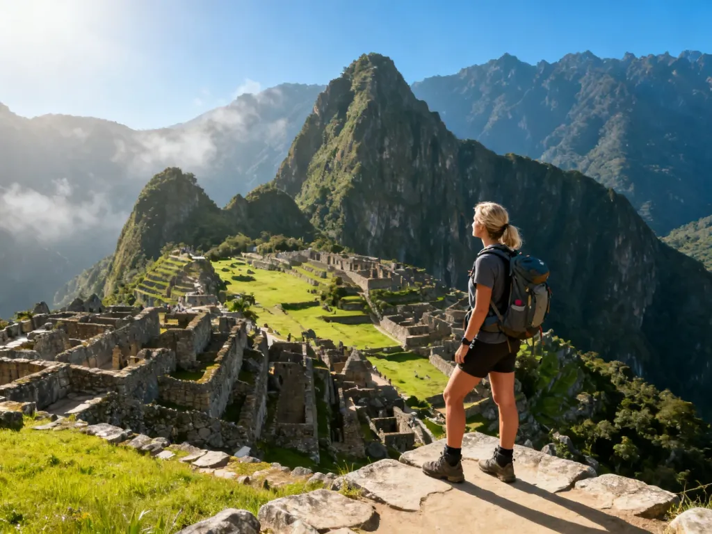Turystka w stroju trekkingowym podziwia panoramę ruin Machu Picchu w otoczeniu majestatycznych andyjskich gór.
