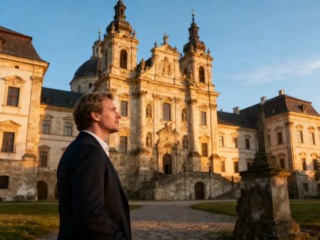 Turysta podziwiający monumentalną, barokową fasadę opactwa cystersów w Lubiążu w świetle zachodzącego słońca.