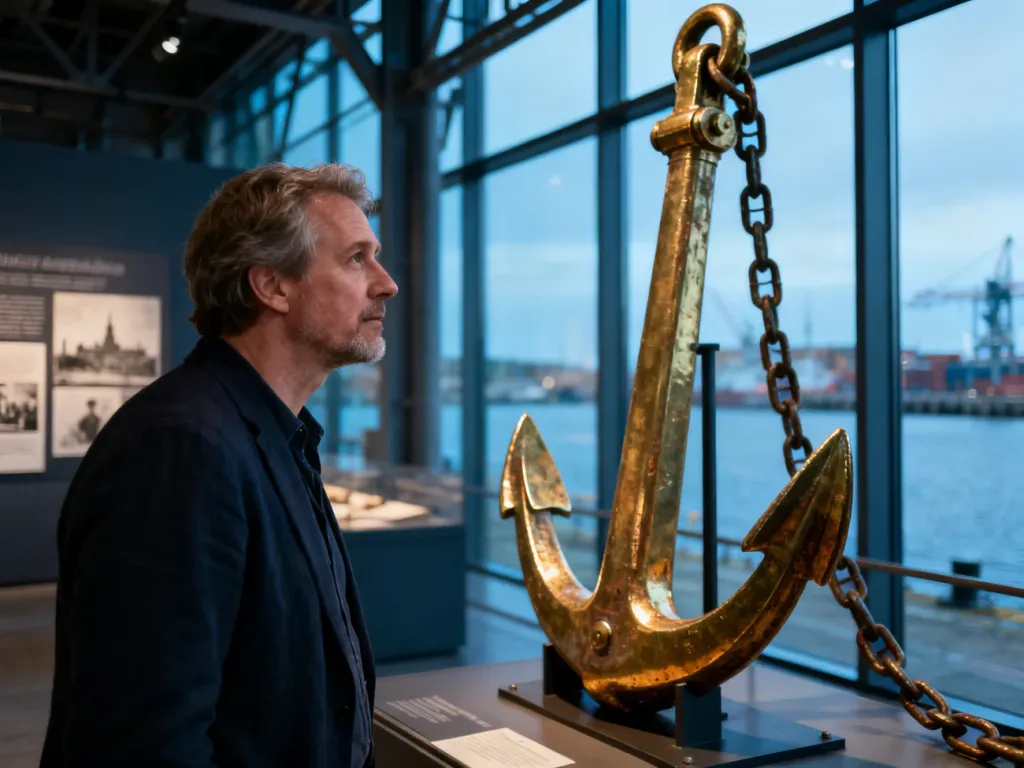 Zwiedzający ogląda zabytkową kotwicę w nowoczesnej hali Muzeum Emigracji w Gdyni z widokiem na port w tle.