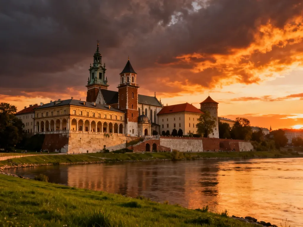 Zamek Królewski na Wawelu o zachodzie słońca z widokiem na brzegi Wisły. Zabytkowa architektura w ciepłym, złotym świetle.
