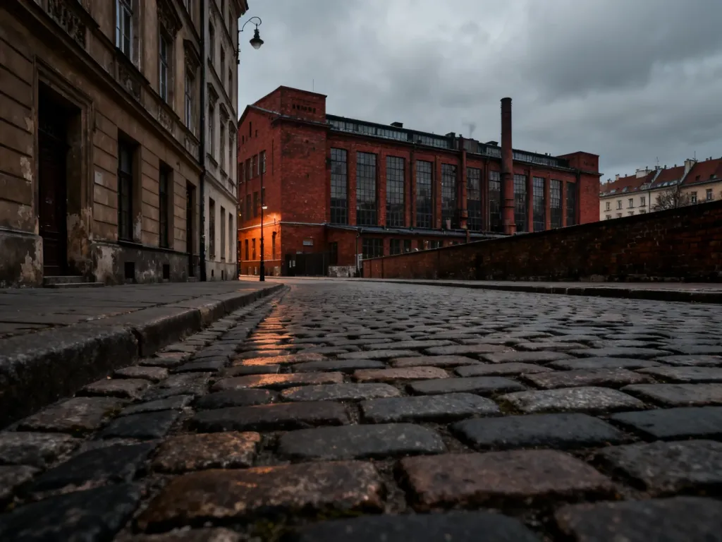 Historyczny budynek Fabryki Emalia Oskara Schindlera w Krakowie z charakterystyczną czerwoną cegłą i brukowaną ulicą.